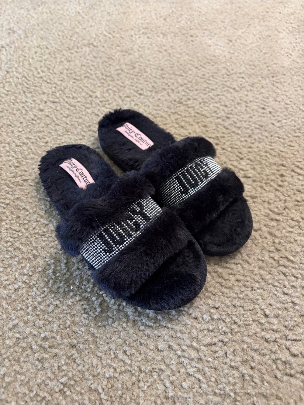 Juicy Couture Black Faux-Fur Slide Slippers with Crystal-Embellished Logo Band